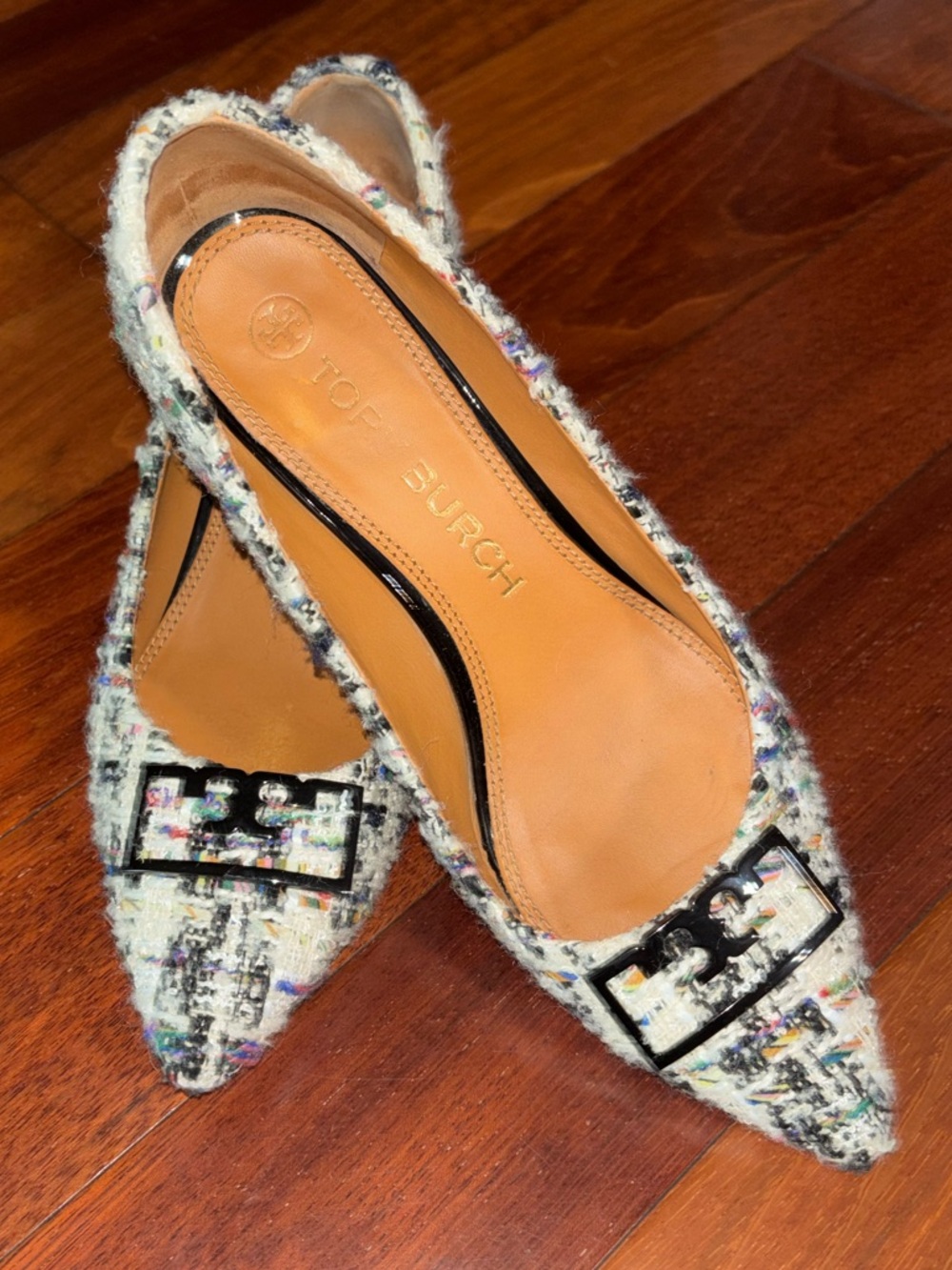 Tory Burch Multicolor Tweed Pointed Ballet Flats with Logo Plaque